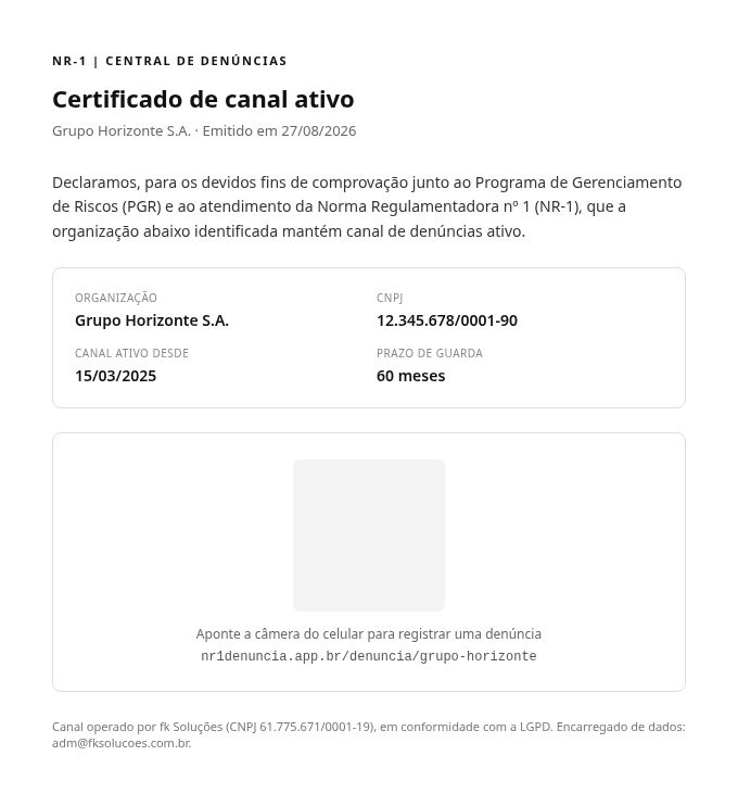 Certificado de canal ativo com dados da empresa, QR Code e prazo de guarda